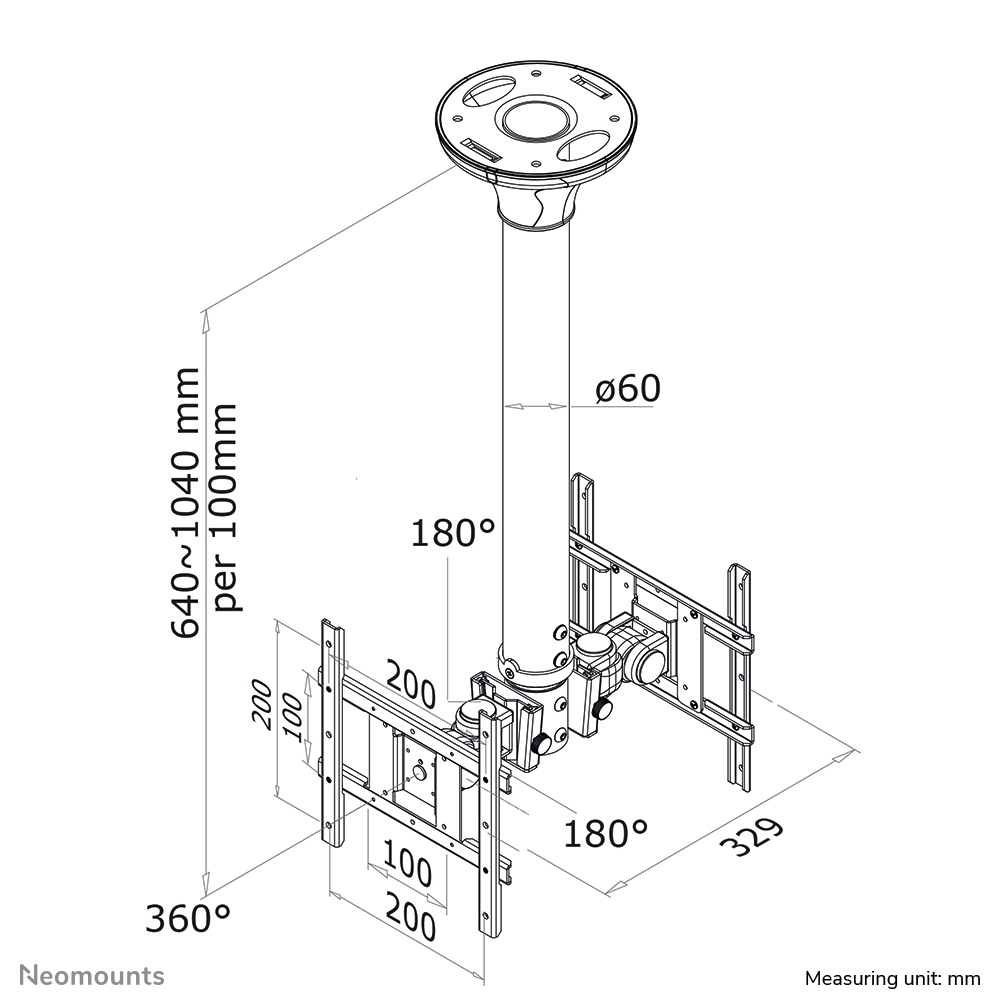Neomounts FPMA-C200D LCD plafondsteun, 10-40", 40 kg, 75x75/ 200x200 mm, 640 - 1040 mm, Z - Afbeelding 6