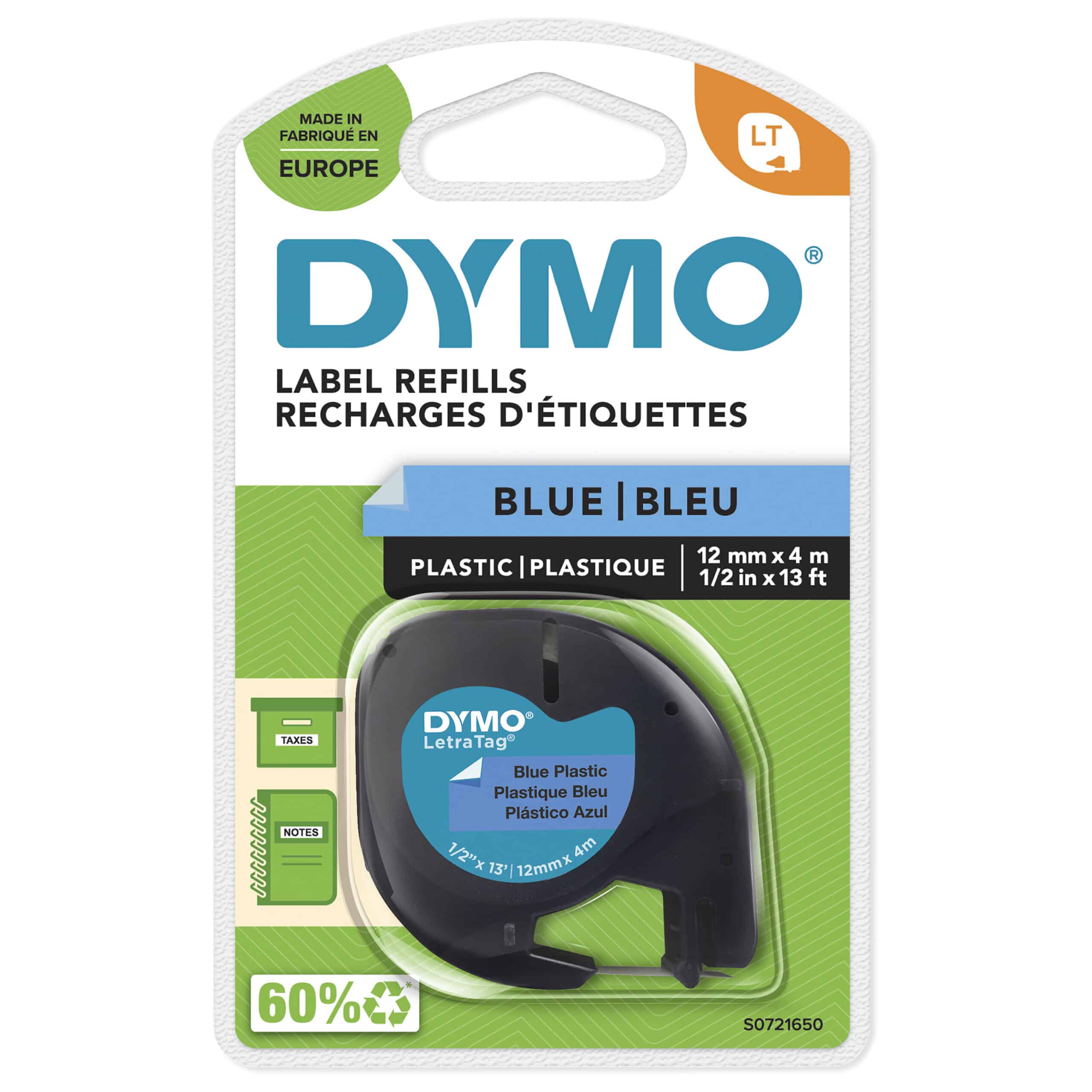 DYMO LetraTag originele plastic labels | Zwarte afdruk op blauwe etiketten | 12 mm x 4 m | Zelfklevende multifunctionele labels voor LetraTag labelprinters | gemaakt in Europa