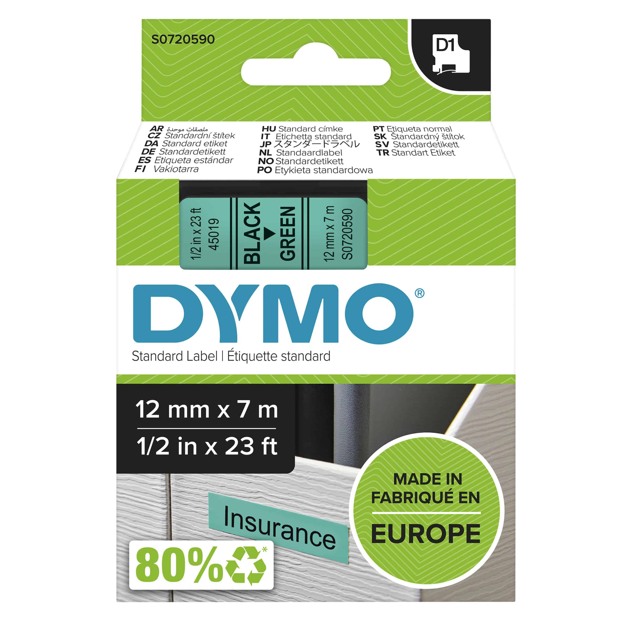 DYMO originele D1 labels | Zwarte Tekst op Groen Label | 12 mm x 7 m | zelfklevende etiketten voor de LabelManager labelprinter | gemaakt in Europa