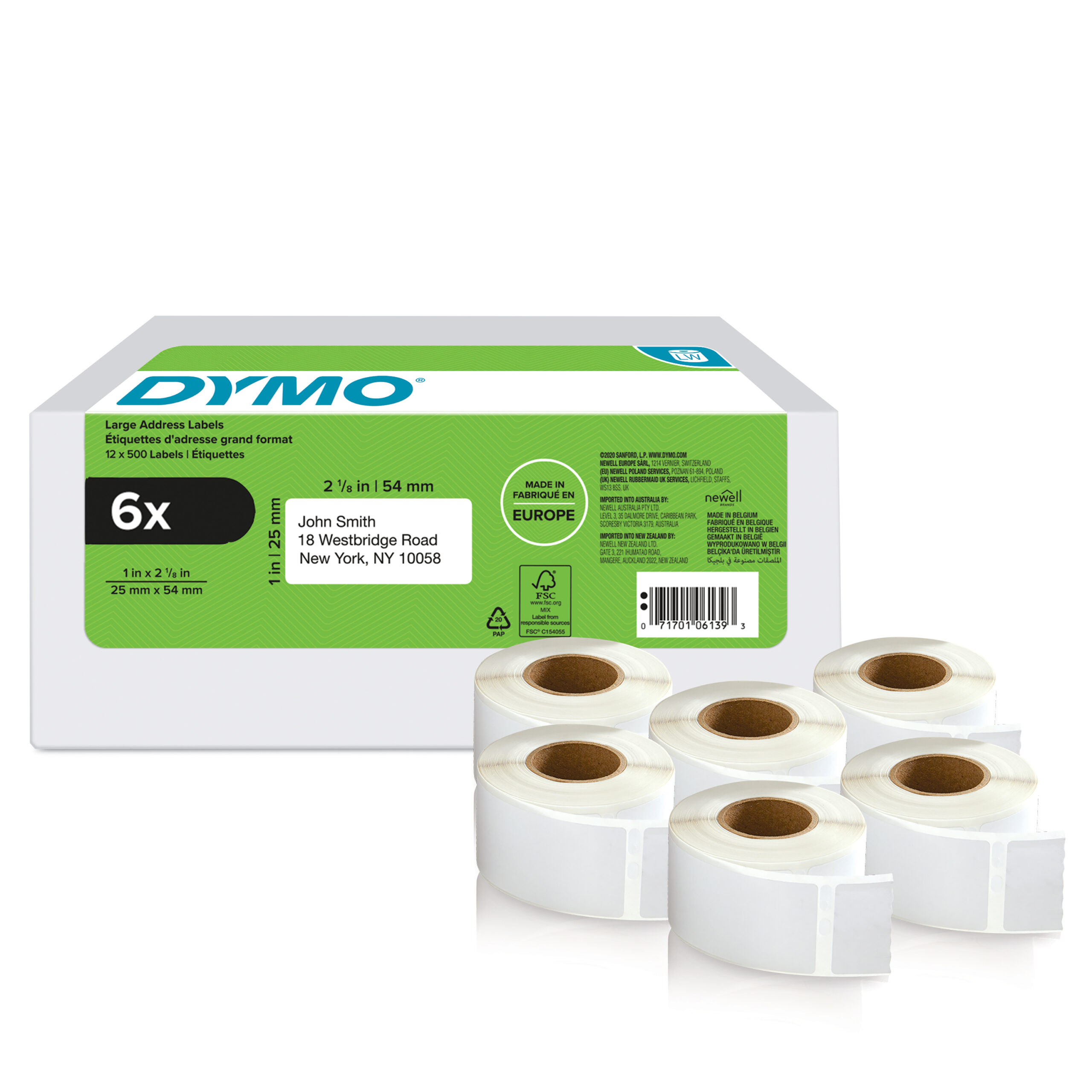 DYMO originele LabelWriter adreslabels voor retouren | 25 mm x 54 mm |6 met elk 500 labels (3.000 zelfklevende etiketten) | Geschikt voor de LabelWriter labelprinters | Gemaakt in Europa