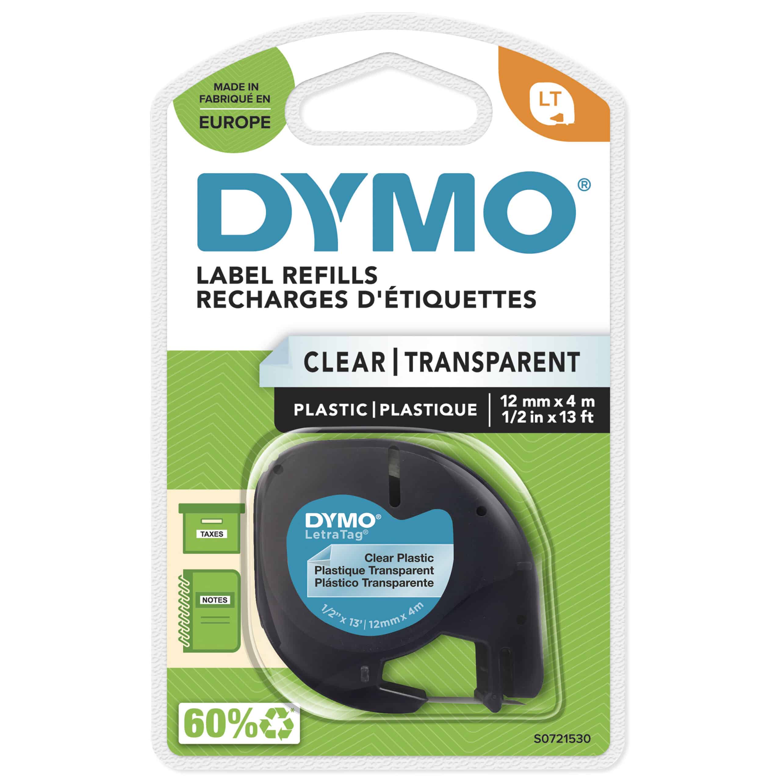 DYMO LetraTag originele plastic labels | Zwart afdrukken op transparante etiketten | 12 mm x 4 m | Zelfklevende multifunctionele labels voor LetraTag labelprinters | gemaakt in Europa