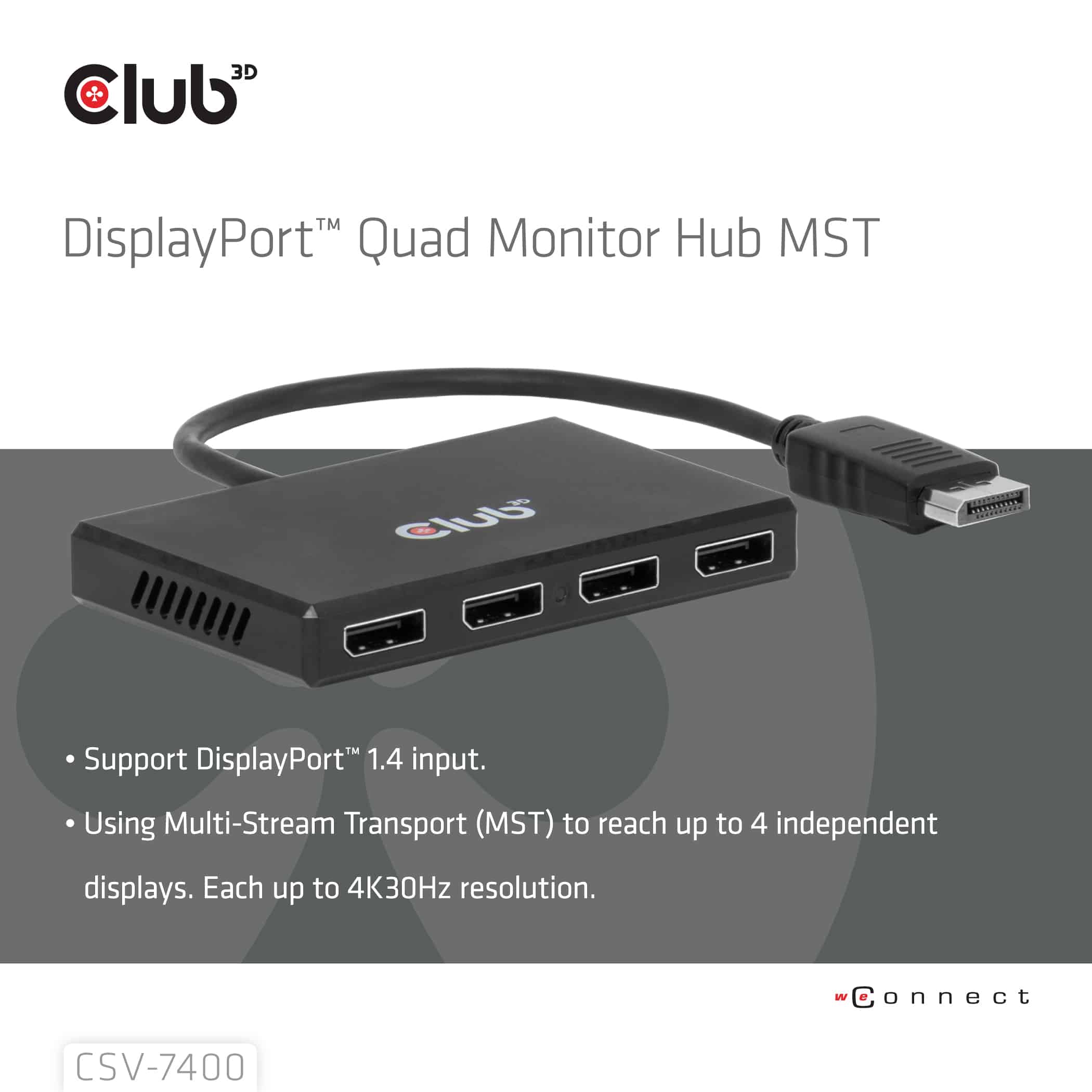 CLUB3D Quad DisplayPort Hub – 4 x 4K Resolution @ 30Hz, MST Support - Afbeelding 2