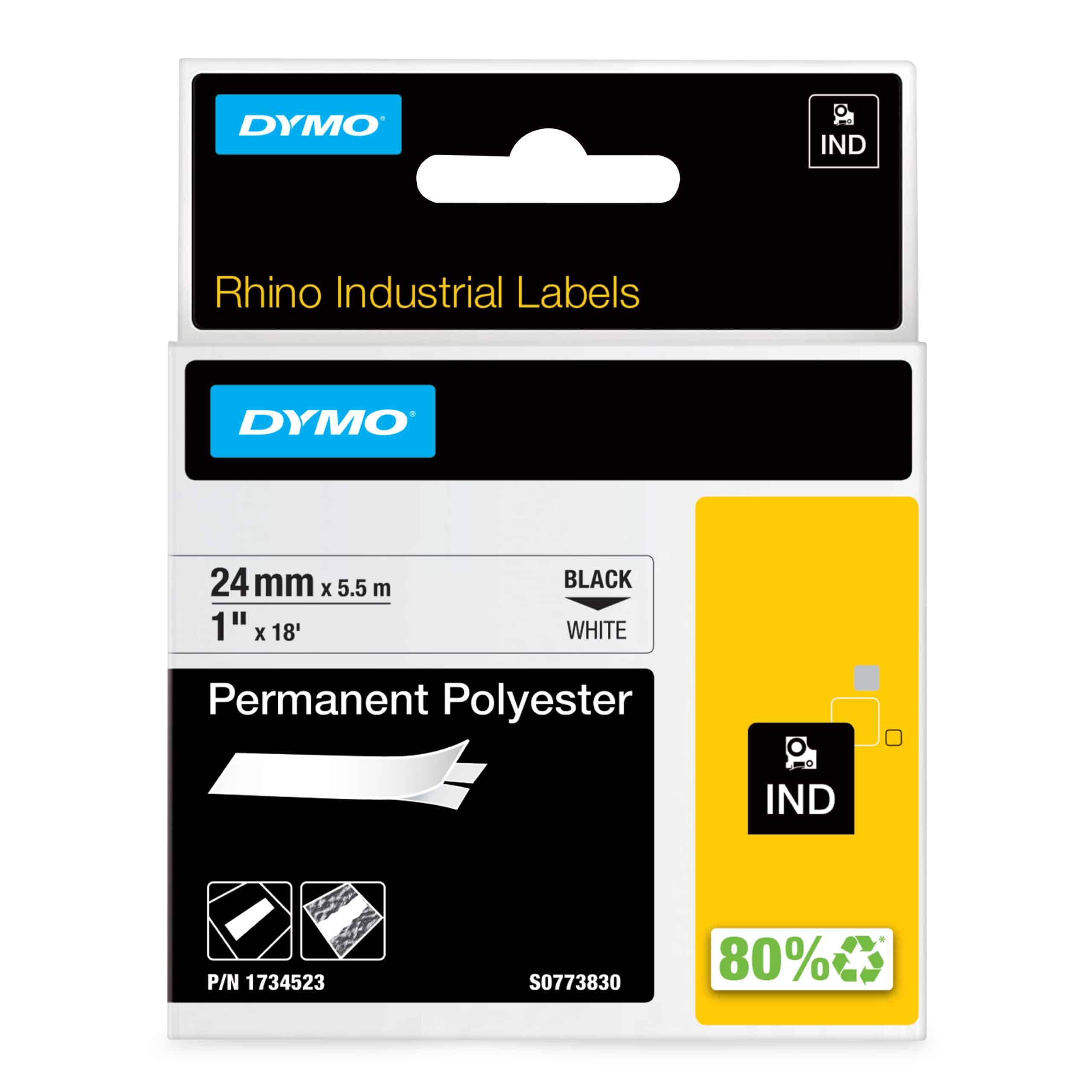 DYMO Rhino industriële labels | Permanent Polyester | 24 mm x 3,5 m | zwarte afdruk op wit | zelfklevende labels voor Rhino & LabelManager labelprinters