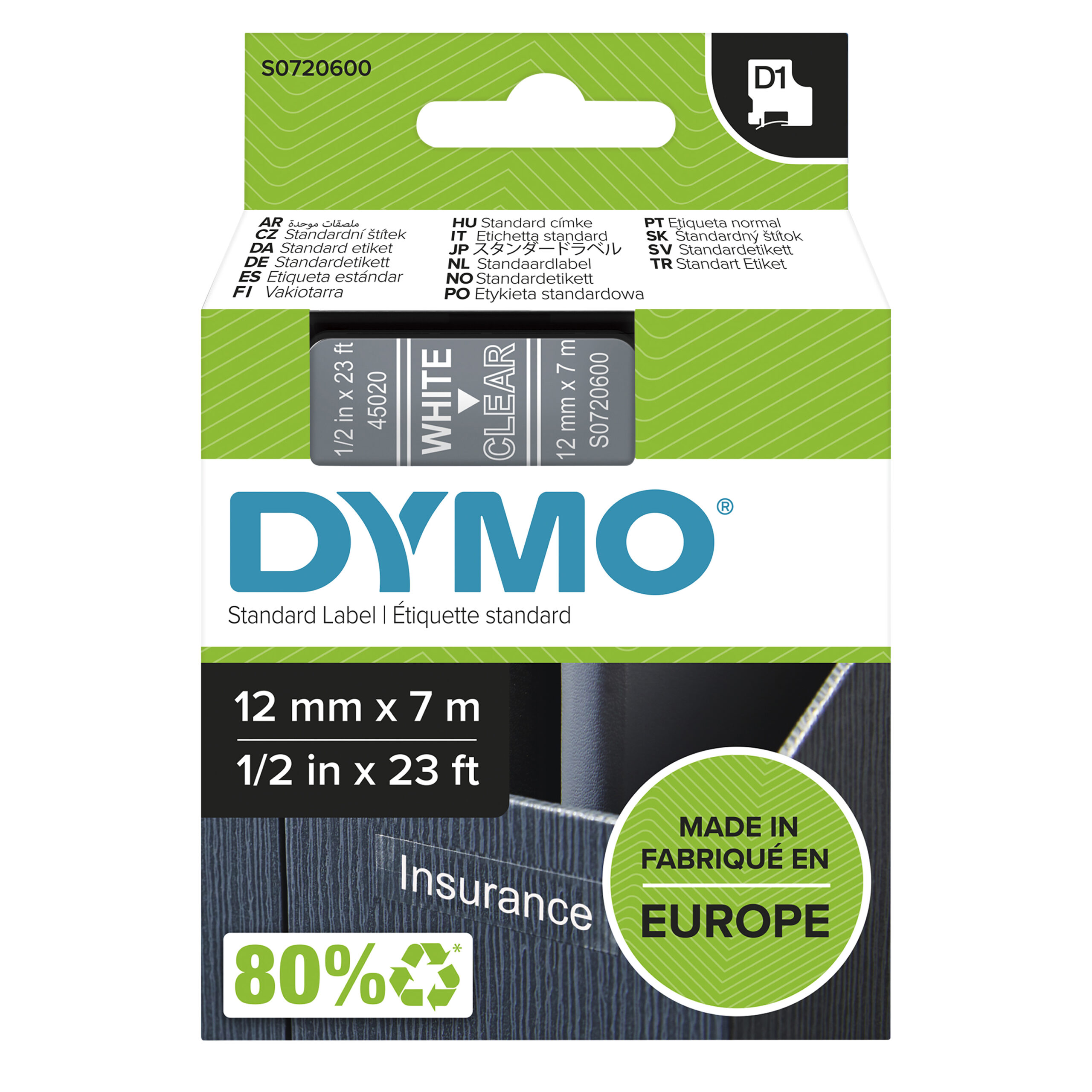 DYMO originele D1 labels | Witte Tekst op Doorzichtig Label | 12 mm x 7 m | zelfklevende etiketten voor de LabelManager labelprinter | gemaakt in Europa