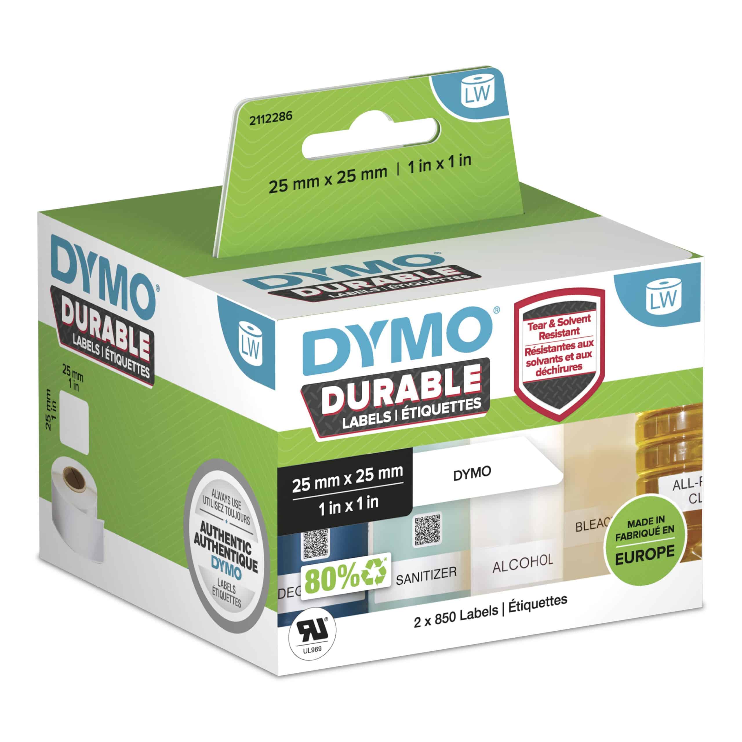 DYMO originele Duurzame LabelWriter labels | 25 mm x 25 mm | Witte Poly | 2 rollen met elk 850 labels (1700 zelfklevende etiketten) | Stevige labels voor de LabelWriter labelprinters