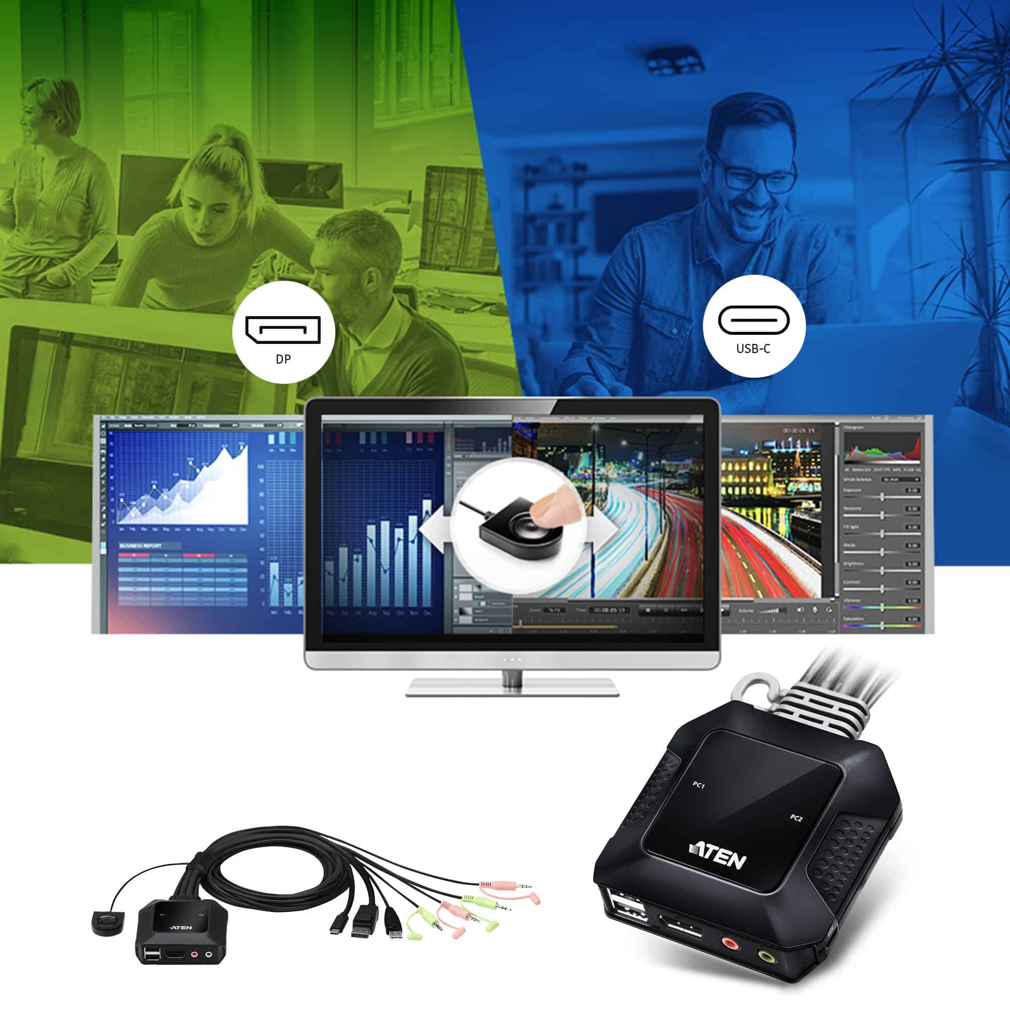 ATEN 2-Port USB-C DispllayPort hybride kabel KVM schakelaar - Afbeelding 4