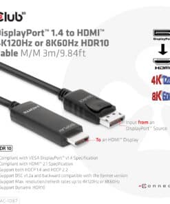 CLUB3D DisplayPort 1.4 to HDMI 4K120Hz or 8K60Hz HDR10 Cable M/M 3m/9.84ft - Afbeelding 3
