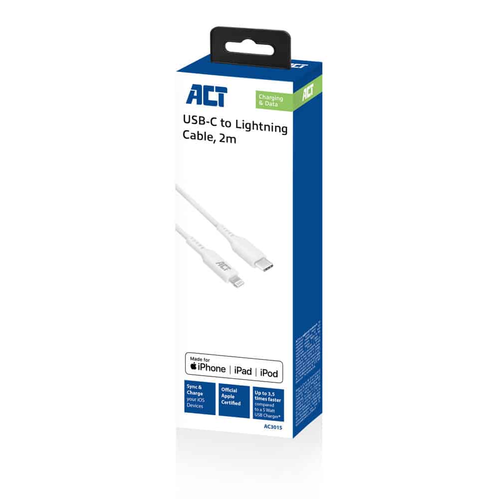 ACT USB 2.0 laad- en datakabel C male - Lightning male 2 meter, MFI gecertificeerd - Afbeelding 2