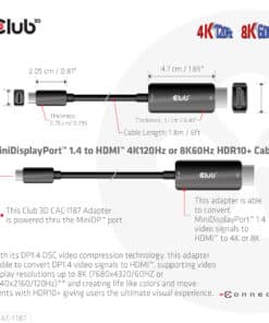 CLUB3D MiniDisplayPort kabel 1.4 naar HDMI met 4K120Hz/8K60Hz HDR10+ M/M 1.8m - Afbeelding 3