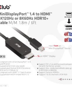 CLUB3D MiniDisplayPort kabel 1.4 naar HDMI met 4K120Hz/8K60Hz HDR10+ M/M 1.8m - Afbeelding 2