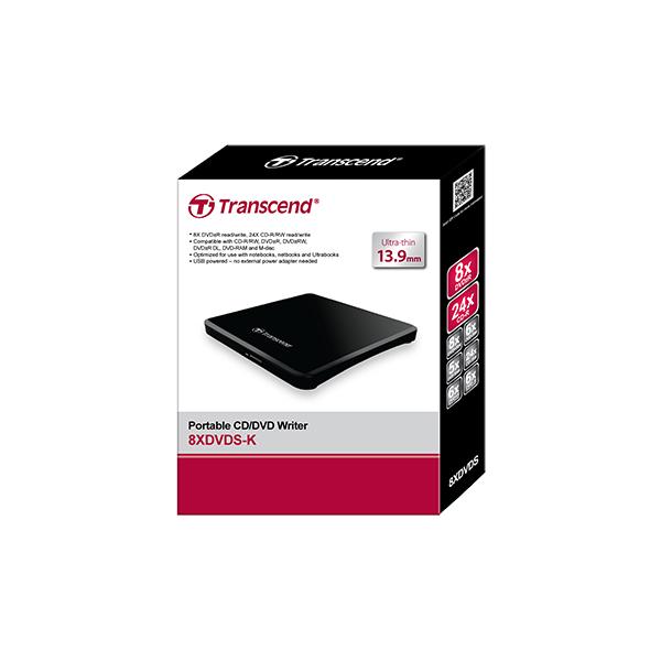 Transcend TS8XDVDS-K Extra Slim Portable DVD/RW, USB2, 8x,CD-R/RW, DVD±R, DVD±RW, DVD±R DL, DVD-R - Afbeelding 3