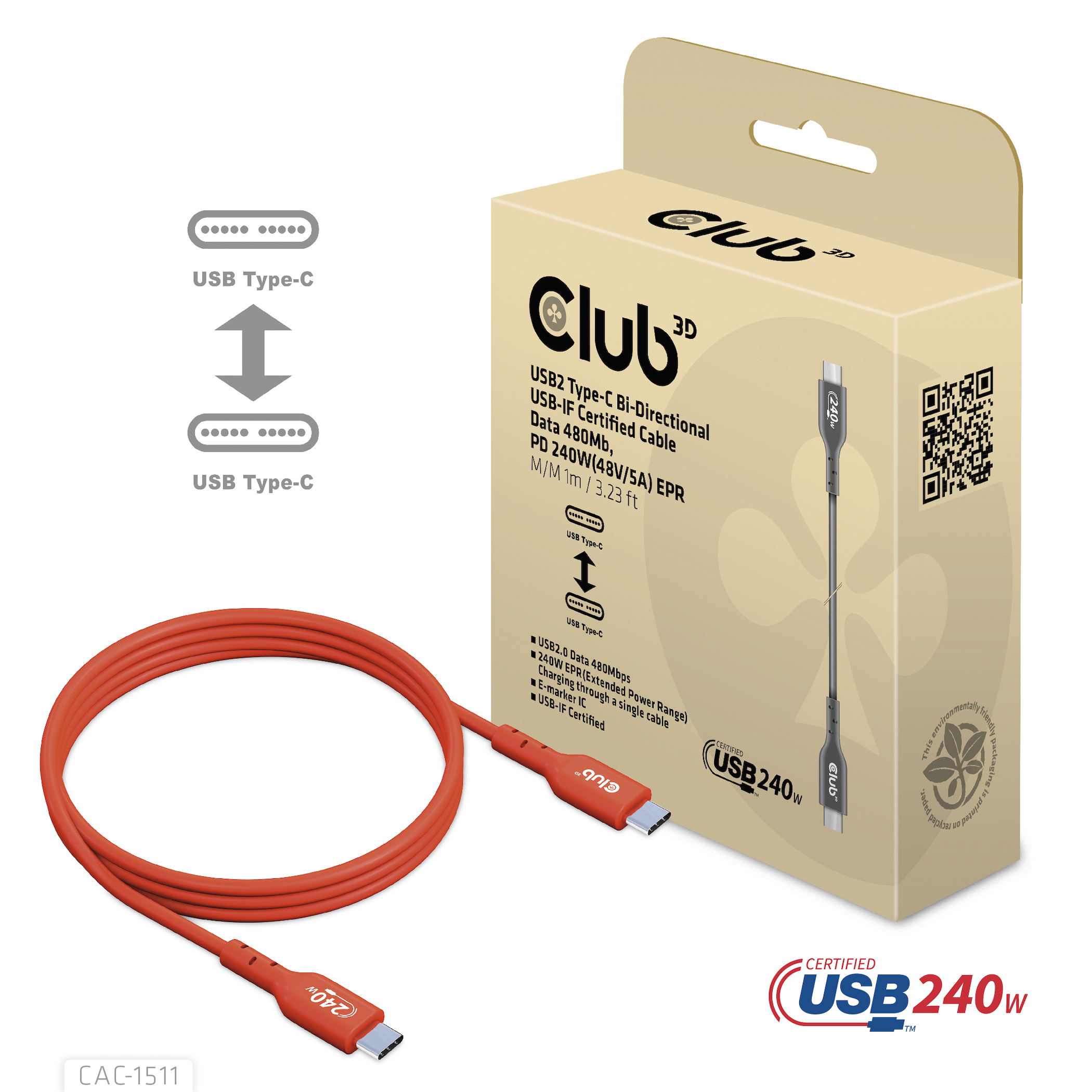 CLUB3D USB2 Type-C Bi-Directional USB-IF Certified Cable Data 480Mb, PD 240W(48V/5A) EPR M/M 1m / 3.23 ft - Afbeelding 4