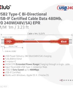 CLUB3D USB2 Type-C Bi-Directional USB-IF Certified Cable Data 480Mb, PD 240W(48V/5A) EPR M/M 1m / 3.23 ft - Afbeelding 6