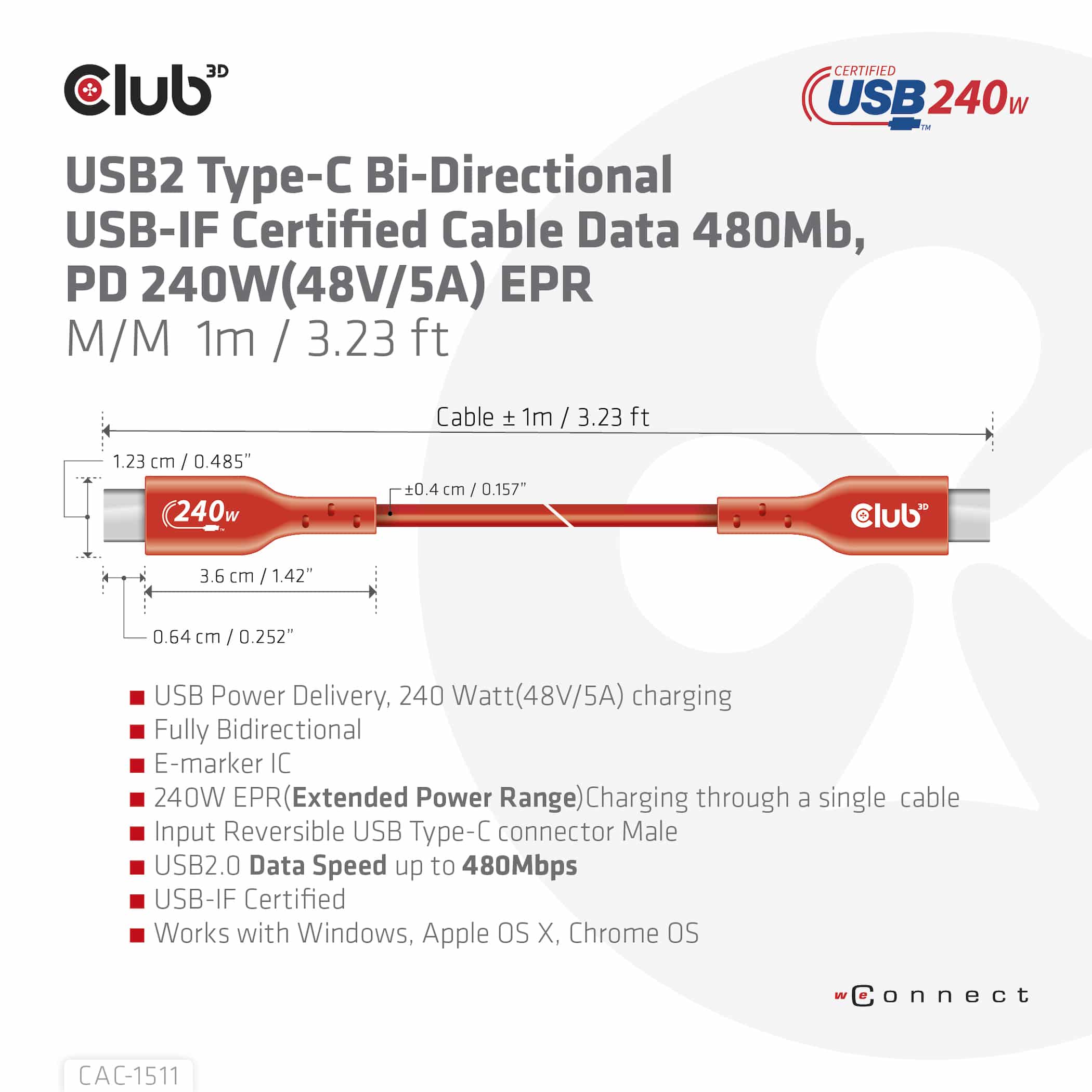 CLUB3D USB2 Type-C Bi-Directional USB-IF Certified Cable Data 480Mb, PD 240W(48V/5A) EPR M/M 1m / 3.23 ft - Afbeelding 6