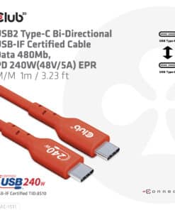 CLUB3D USB2 Type-C Bi-Directional USB-IF Certified Cable Data 480Mb, PD 240W(48V/5A) EPR M/M 1m / 3.23 ft - Afbeelding 5