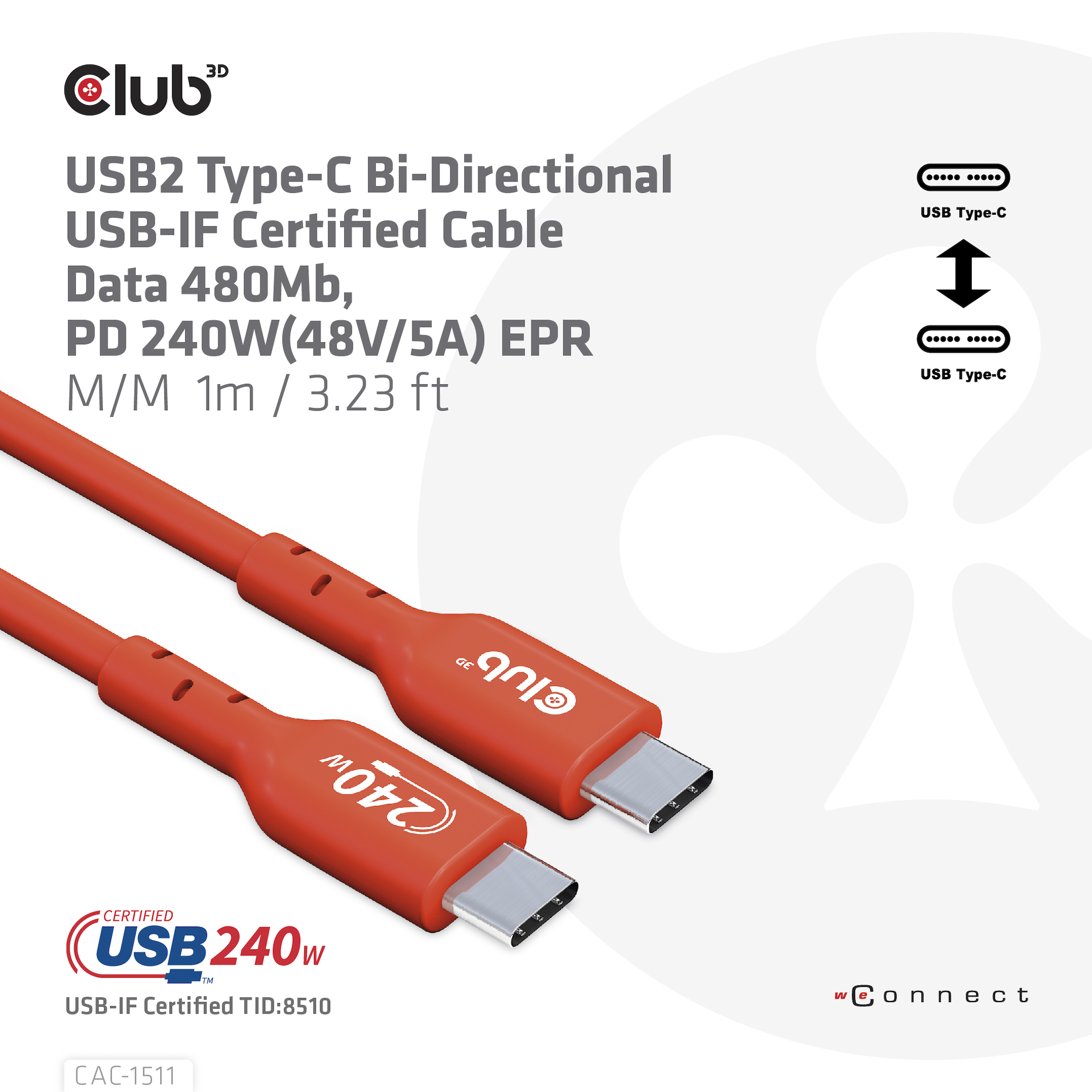 CLUB3D USB2 Type-C Bi-Directional USB-IF Certified Cable Data 480Mb, PD 240W(48V/5A) EPR M/M 1m / 3.23 ft - Afbeelding 5