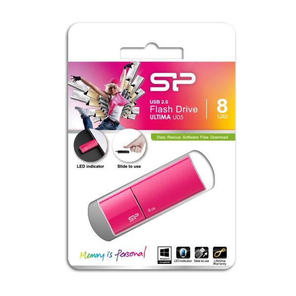 Silicon Power SP008GBUF2U05V1H Ultima U05, 8 GB, USB Type-A, 2.0, Cap, 9.2 g, Pink