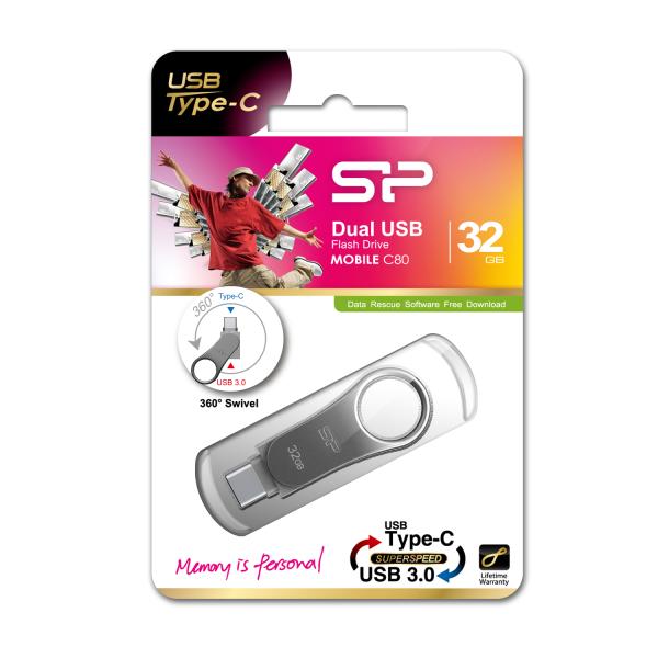 Silicon Power SP032GBUC3C80V1S Mobile C80, 32 GB, USB Type-A / USB Type-C, 3.2 Gen 1, Capless, Titan - Afbeelding 4