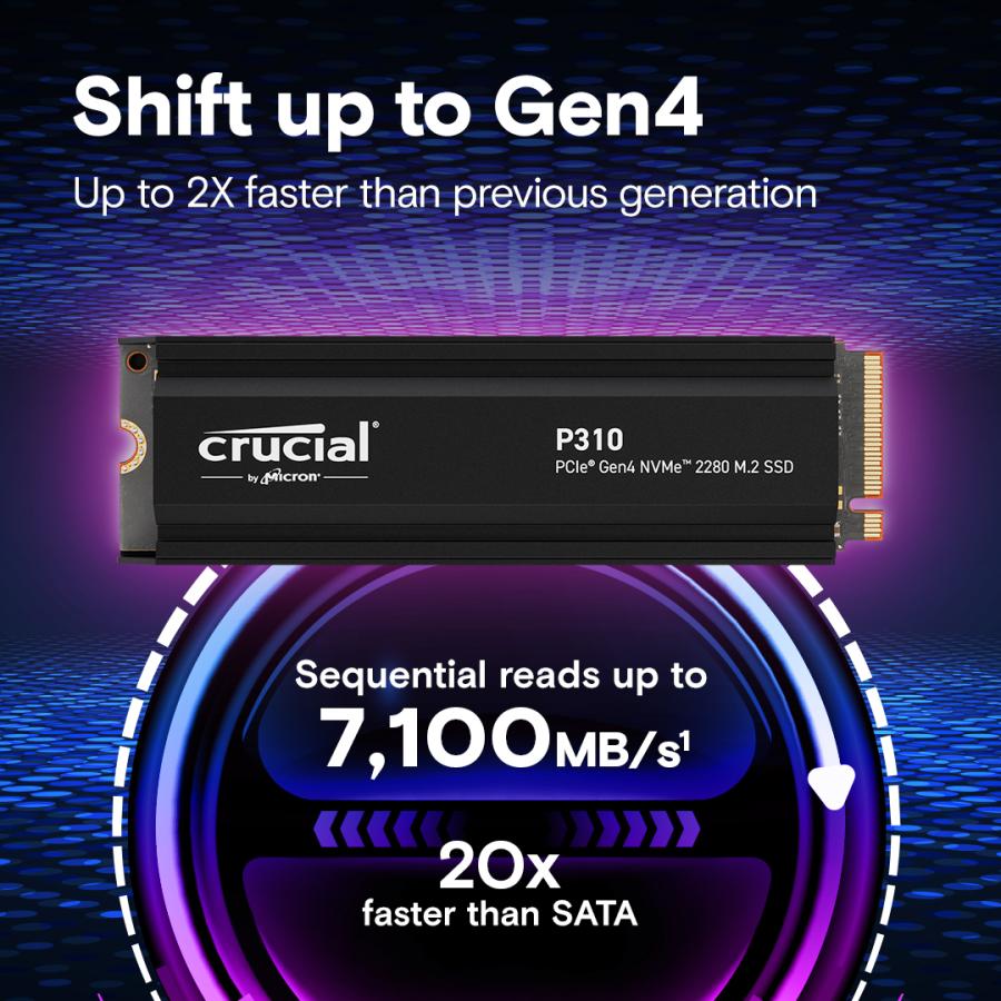 Crucial CT1000P310SSD5 P310 SSD, 1 TB, M.2 PCIe Gen4 NVMe, 3D NAND, 7100/ 6000 MB/s, Heatsink - Afbeelding 2