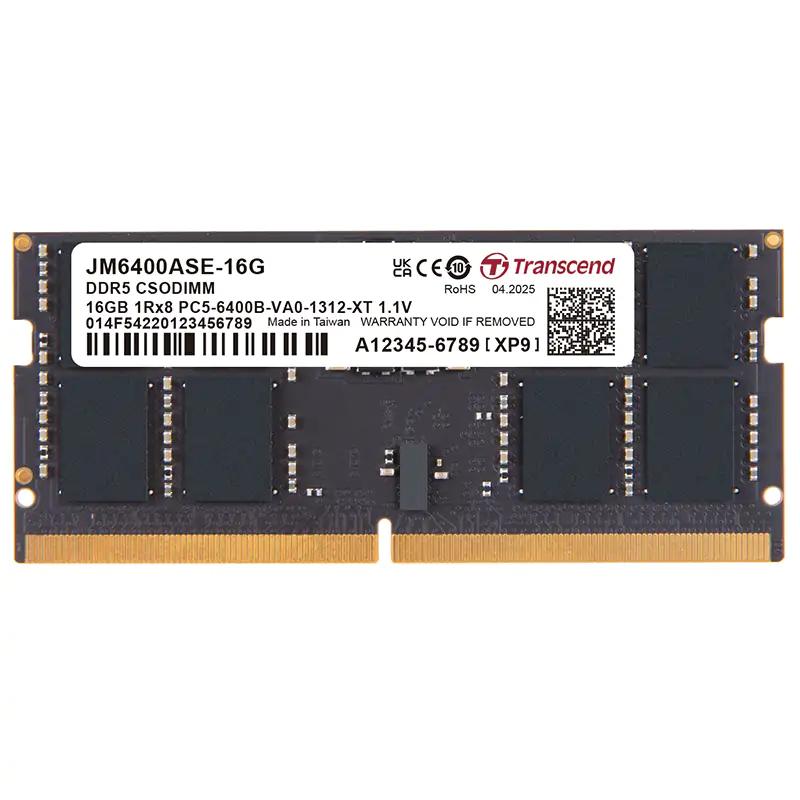 Transcend JM6400ASE-16G JetRAM SO-DIMM, 16GB, DDR5, 6400 Mhz, 1Rx8, 2Gx8, CL52, 1.1V