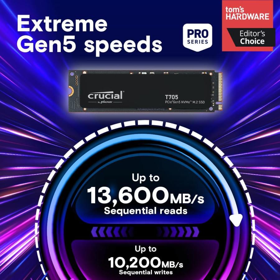 Crucial CT1000T705SSD3 T705 SSD, 1 TB, M.2, MVME, PCIe Gen5, 13600/ 10200 MB/s - Afbeelding 2