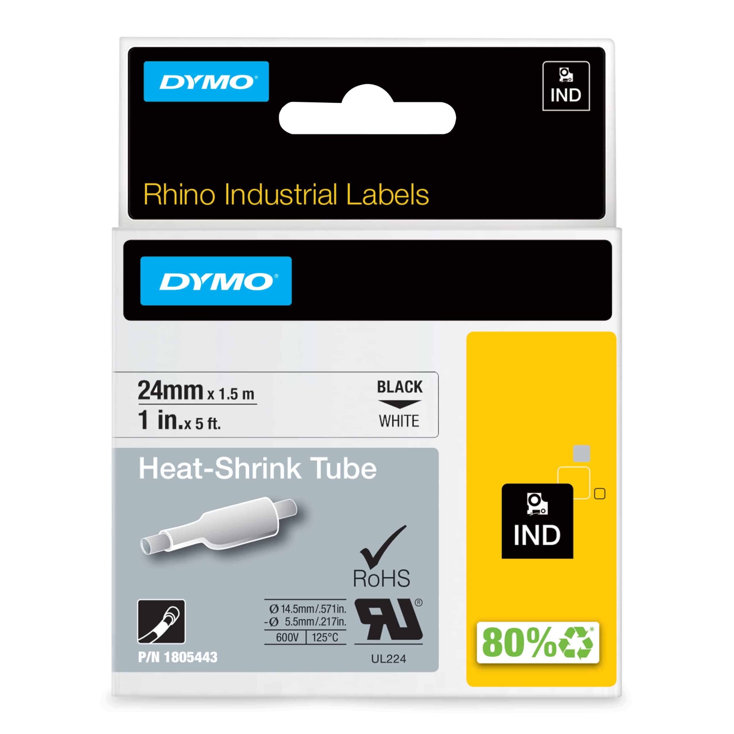 DYMO Rhino industriële Heat-Shrink Tube-labels | 24 mm x 1,5 m | zwarte afdruk op wit | voor Rhino labelprinters