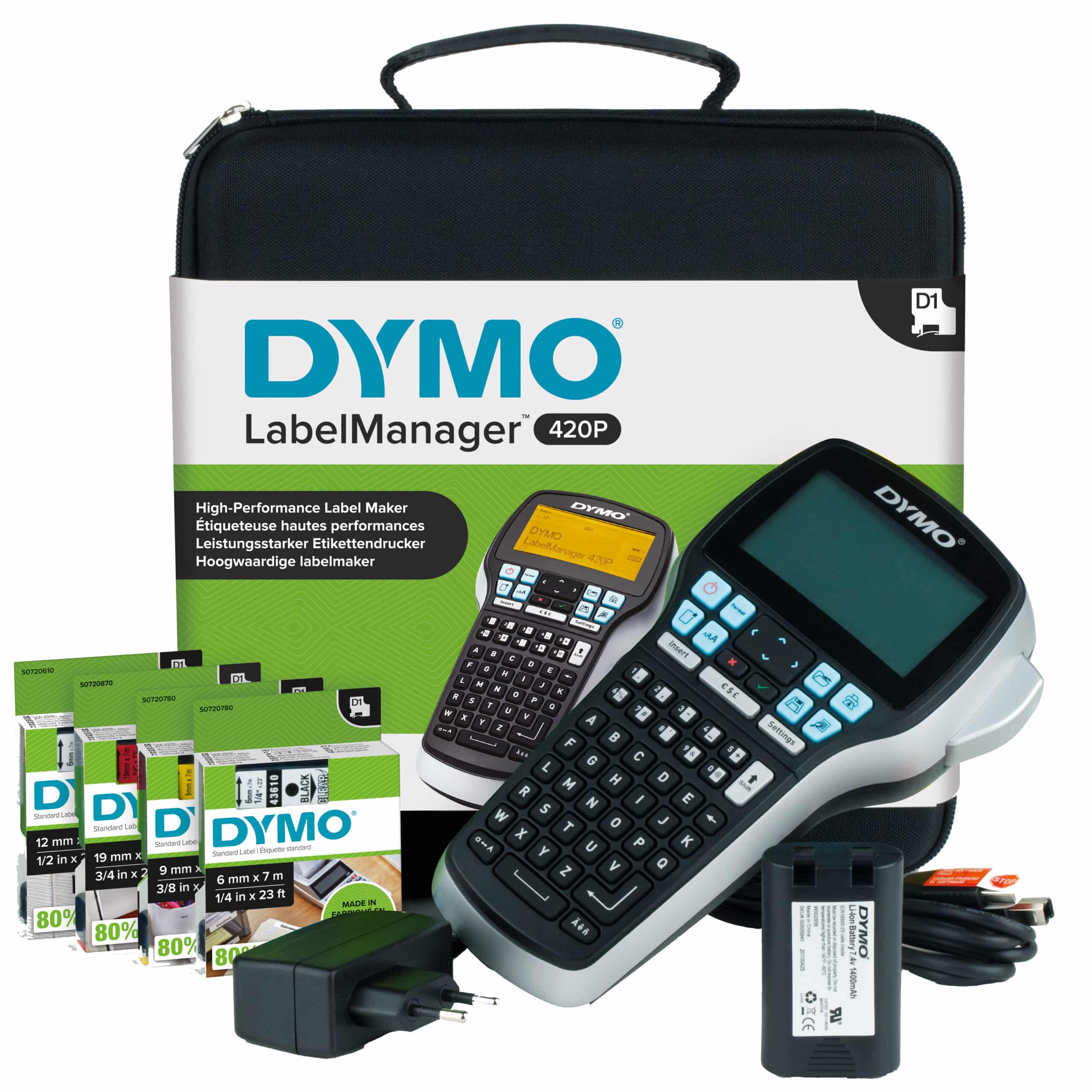 DYMO LabelManager 420P hoogpresterende oplaadbare draagbare labelmakerkit | ABC-toetsenbord met 4 rollen D1-labels en draagkoffer - Afbeelding 2