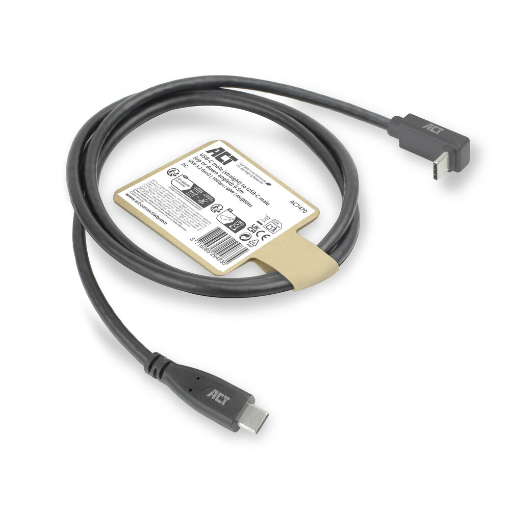 ACT USB 3.0 10Gbps 60W USB Type-C (recht) naar USB Type-C (haaks boven/beneden) kabel, 2 meter - Afbeelding 2