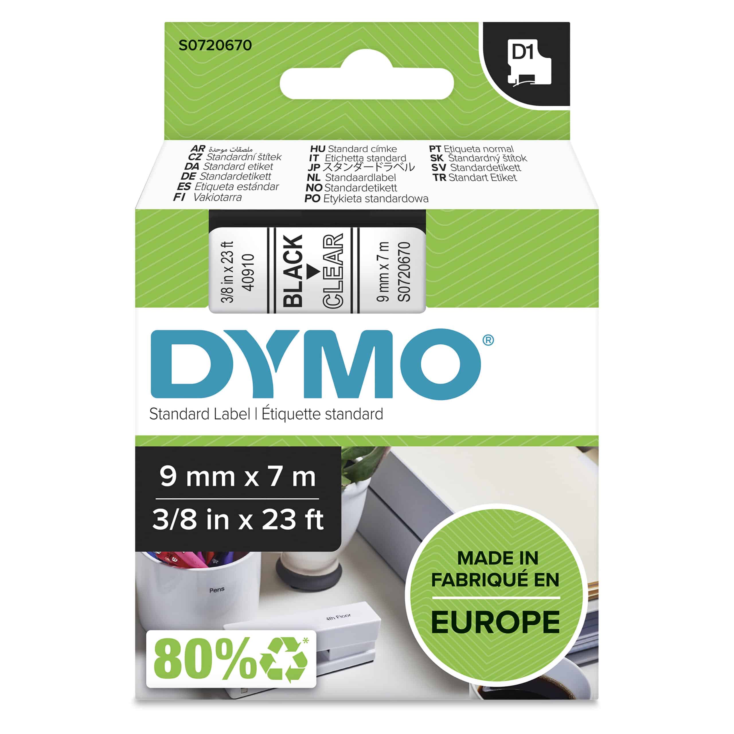 DYMO originele D1 labels | Zwarte Tekst op Doorzichtig Label | 9 mm x 7 m | zelfklevende etiketten voor de LabelManager labelprinter | gemaakt in Europa