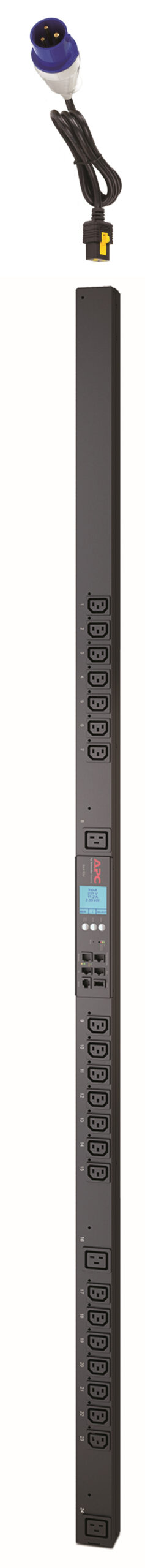 APC Rack PDU AP8659EU3 - Switched & Metered-by-Outlet, ZeroU, 16A, 230V, (21x) C13 & (3x) C19, IEC 309 16A stekker