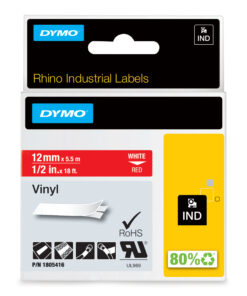 DYMO Rhino industriële Vinyl Labels | 12 mm x 5,5 m | witte afdruk op rood | zelfklevende labels voor Rhino & LabelManager labelprinters