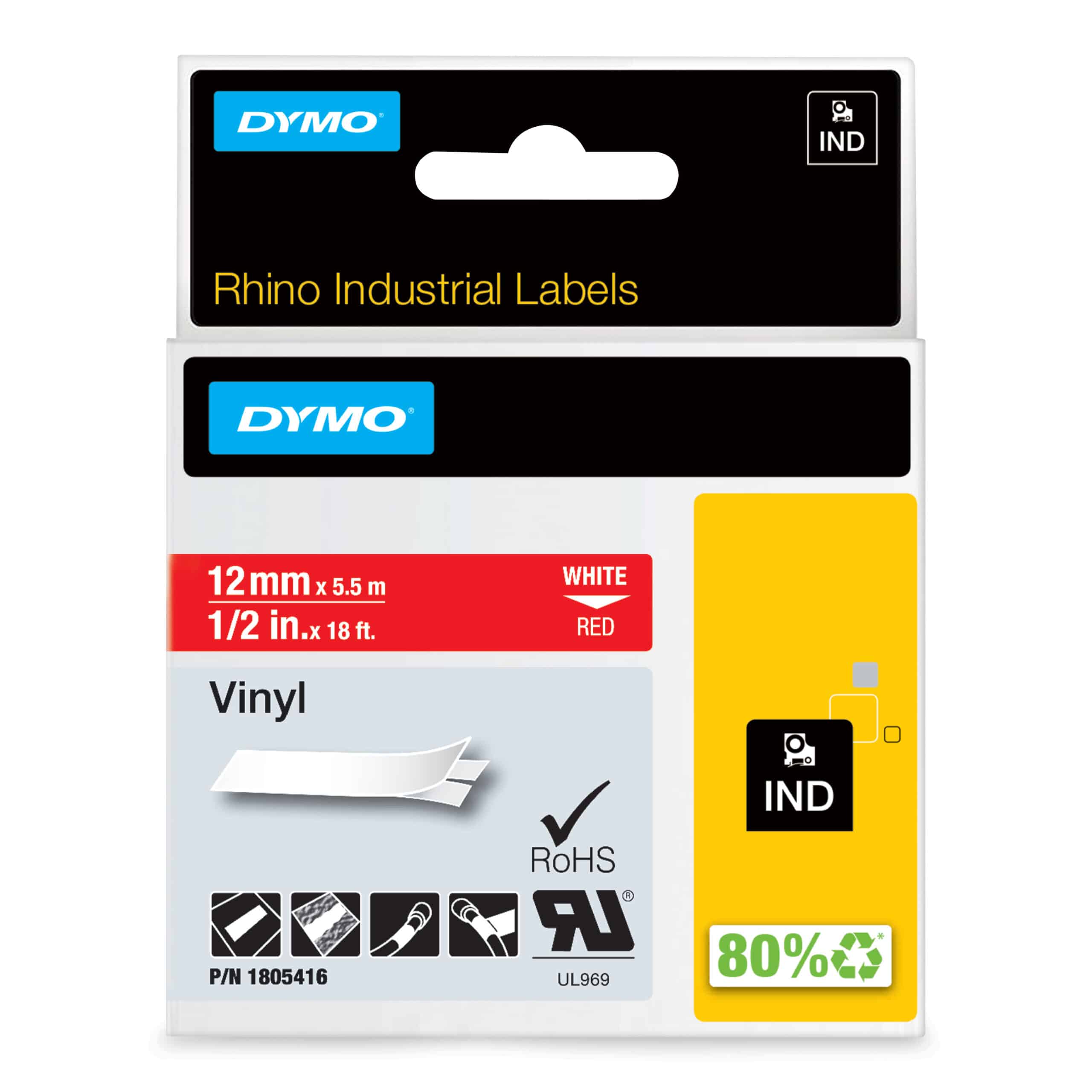 DYMO Rhino industriële Vinyl Labels | 12 mm x 5,5 m | witte afdruk op rood | zelfklevende labels voor Rhino & LabelManager labelprinters