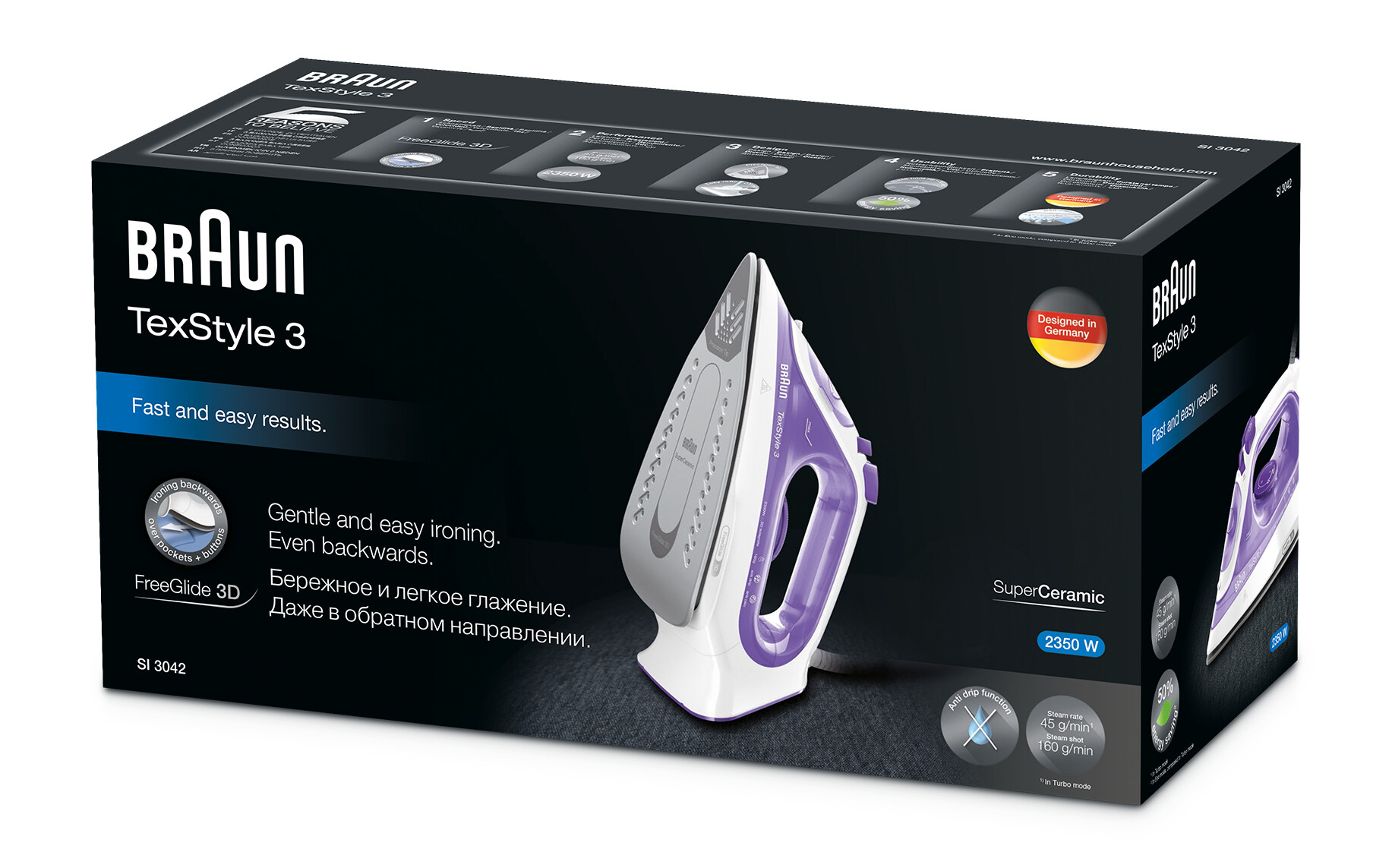 Braun TexStyle 3 SI3042VI Stoomstrijkijzer Keramische zoolplaat 2350 W Paars, Zilver, Wit - Afbeelding 3