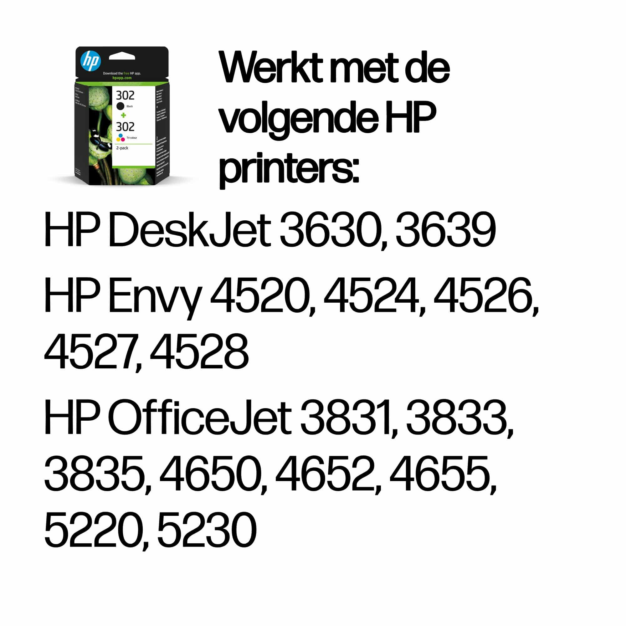 HP 302 originele zwarte/drie-kleuren inktcartridges, 2-pack