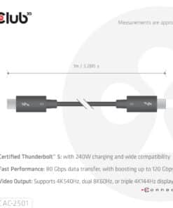 CLUB3D Thunderbolt 5 Gecertificeerd 8K240Hz 80/120 Gbps EPR 240 Watt Kabel M/M 1m - Afbeelding 4