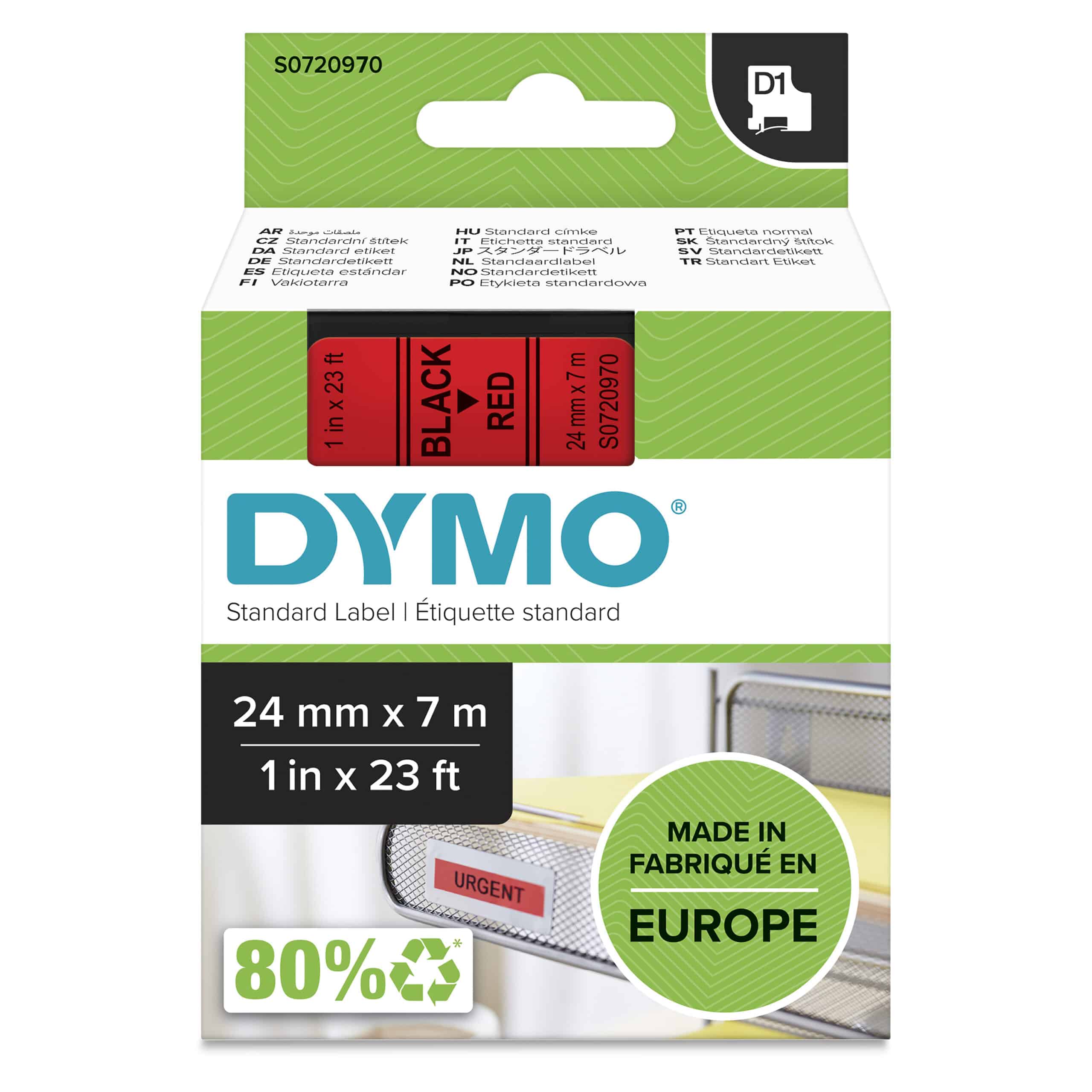 DYMO originele D1 labels | Zwarte Tekst op Rood Label | 24 mm x 7 m | zelfklevende etiketten voor de LabelManager labelmaker | gemaakt in Europa