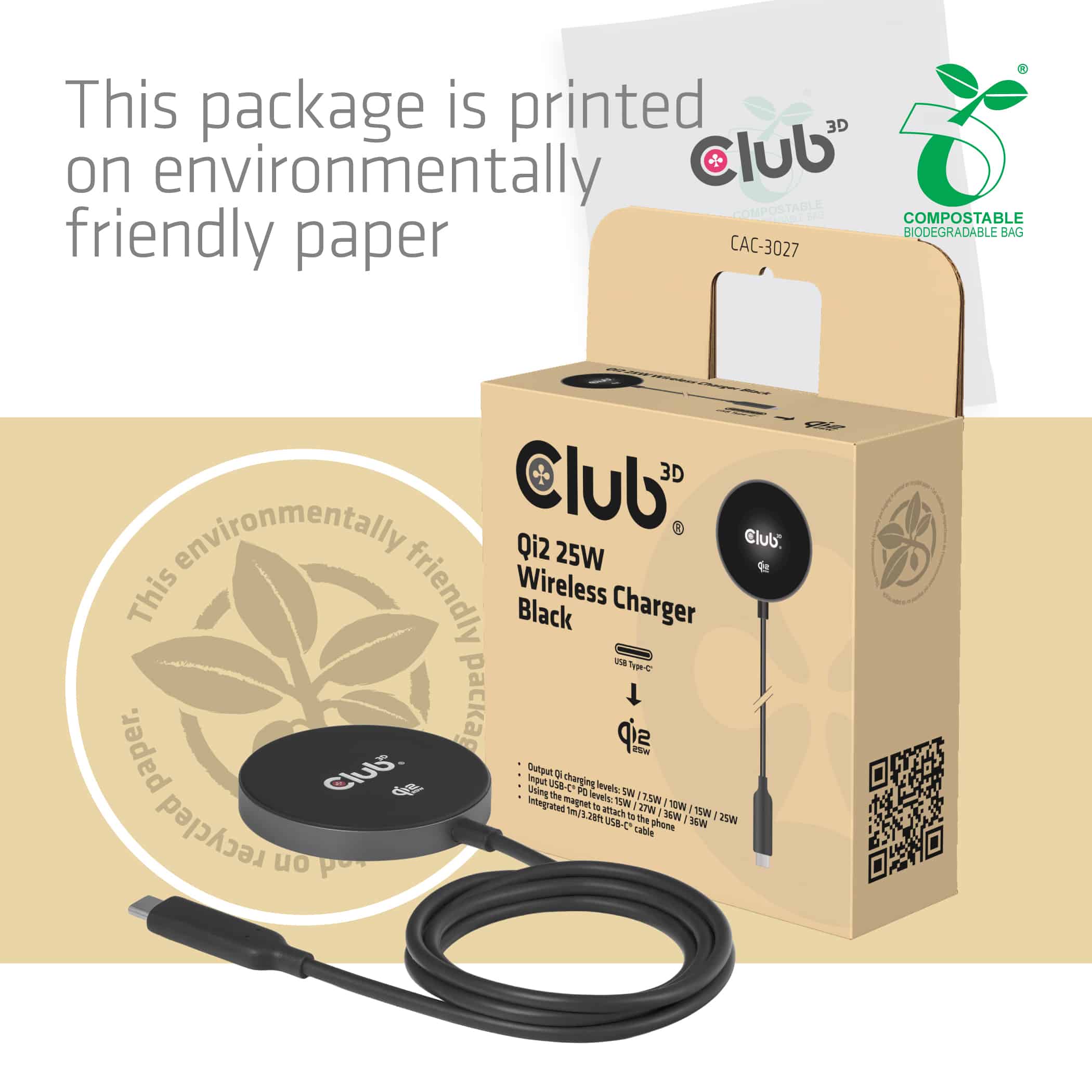 CLUB3D CAC-3027 Qi2 25W draadloze oplader zwart Qi 2.2 MagSafe-compatibel magnetisch pad - Afbeelding 8
