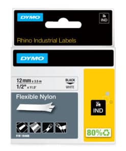 DYMO Rhino industriële Flexibele Nylon Labels | 12 mm x 3,5 m | zwarte afdruk op wit | zelfklevende labels voor Rhino & LabelManager labelprinters