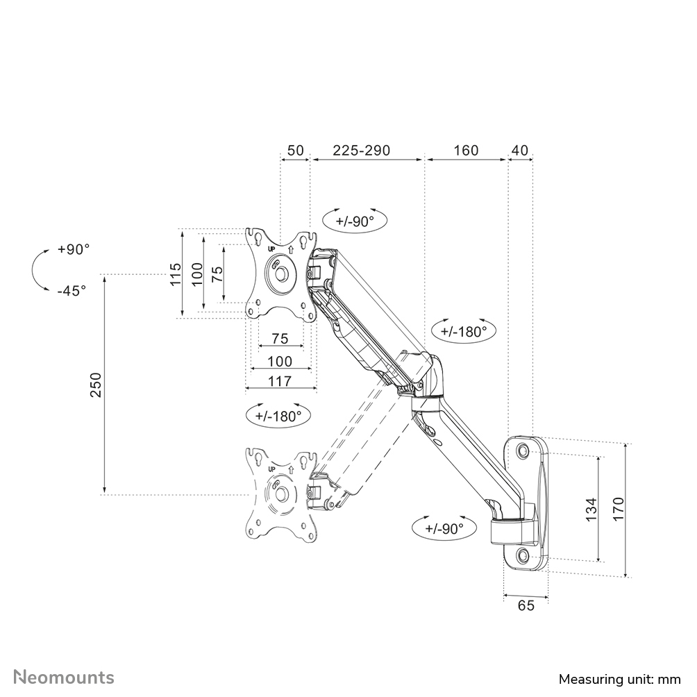 Neomounts WL70-450BL11 Wall mounted gas spring monitor arm, 3 pivots, VESA 100x100mm