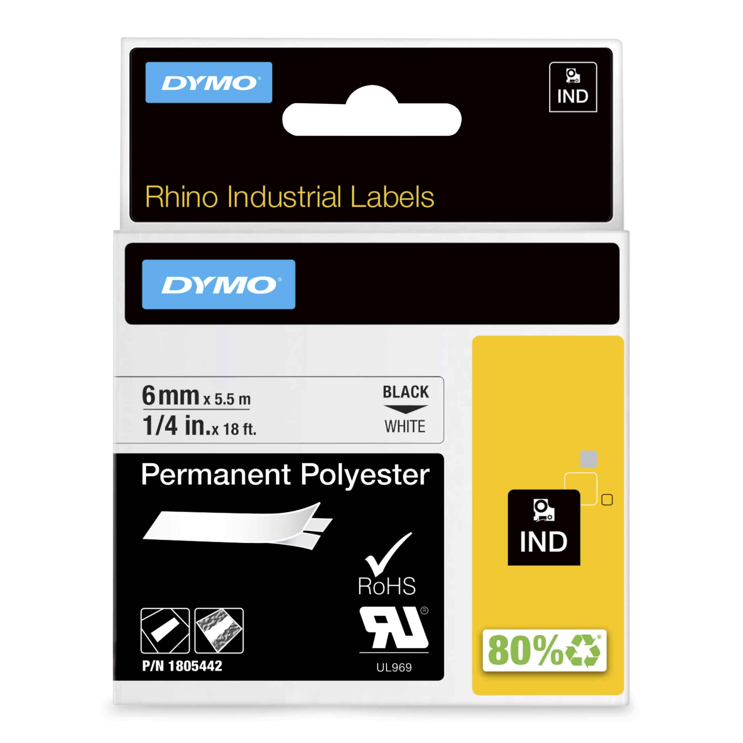 DYMO Rhino industriële labels | Permanent Polyester | 6 mm x 3,5 m | zwarte afdruk op wit | zelfklevende labels voor Rhino & LabelManager labelprinters