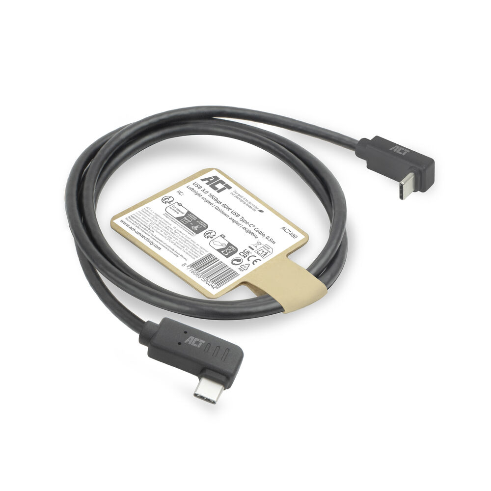 ACT USB 3.0 10Gbps 60W USB Type-C (haaks links/rechts) naar USB Type-C (haaks boven/beneden) kabel, 1 meter - Afbeelding 2