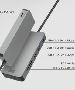 ACT USB-C hub 3.0, 3x USB-A, cardreader, PD pass-through - Afbeelding 3
