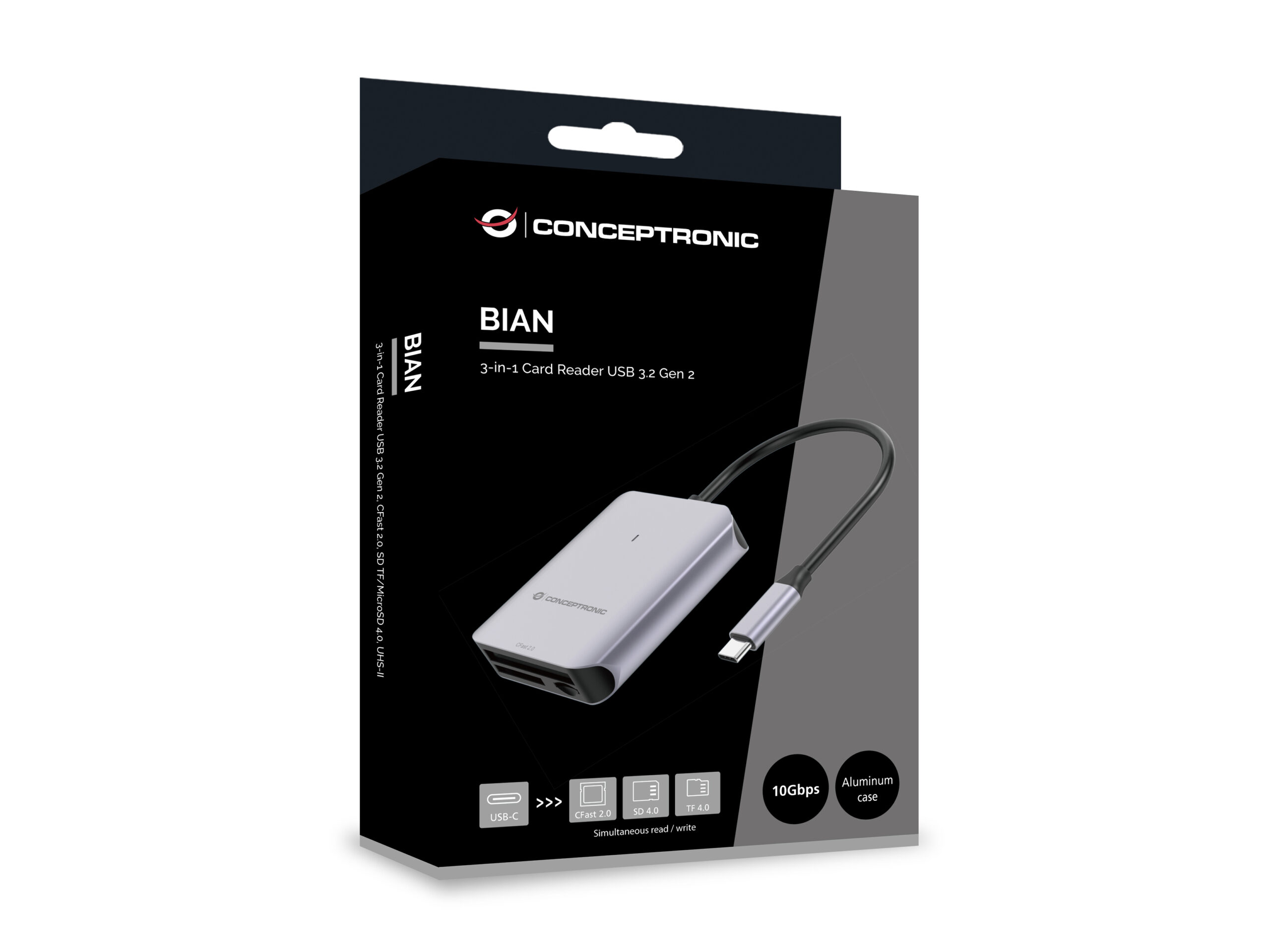 Conceptronic BIAN09G 3-in-1 Card Reader USB 3.2 Gen 2 Type-C, CFast 2.0, SD TF/(Micro-)SD 4.0 - Afbeelding 5