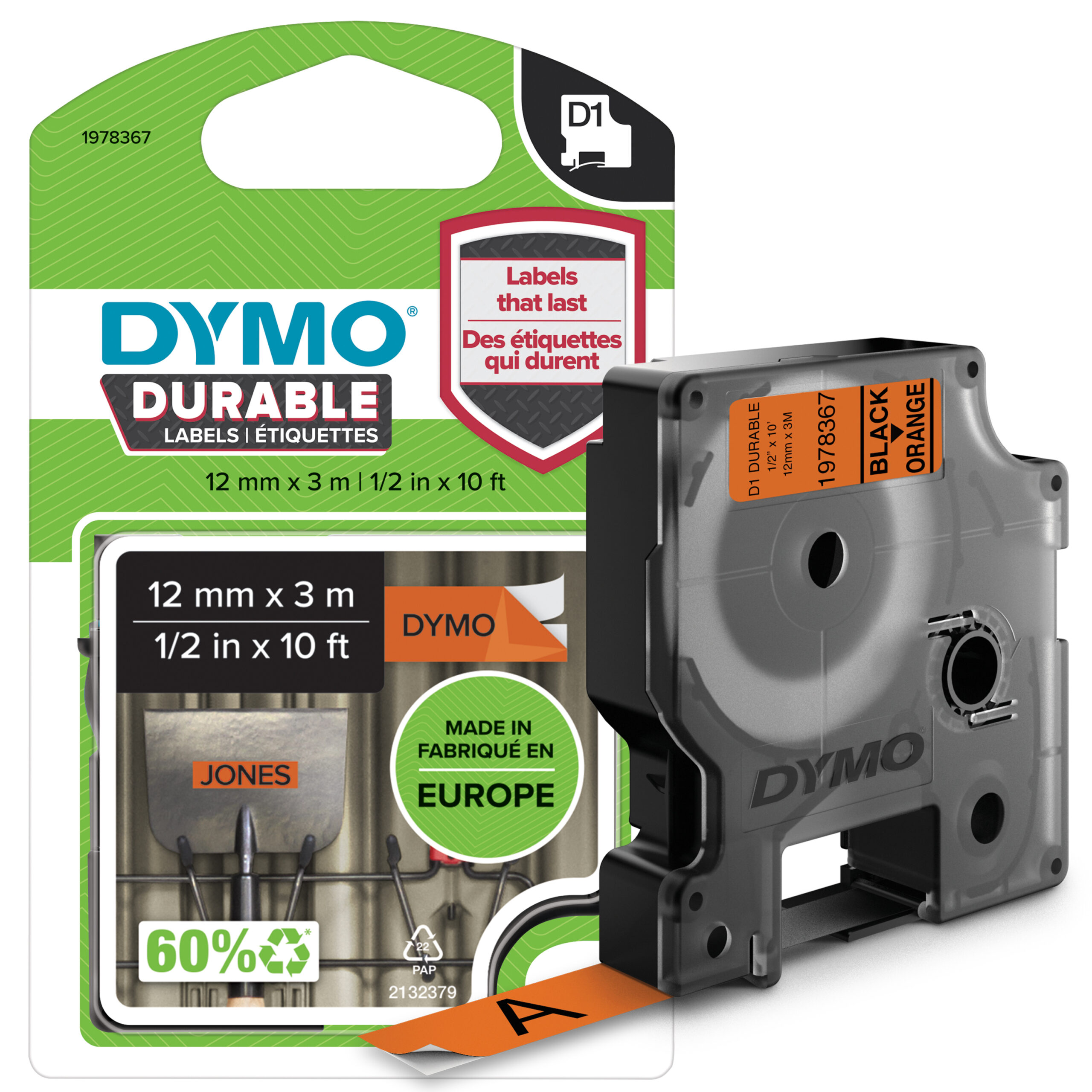 DYMO originele D1 Duurzame labels | Zwarte Tekst op Oranje Label | 12 mm x 3 m | zelfklevende etiketten voor de LabelManager labelprinter | gemaakt in Europa