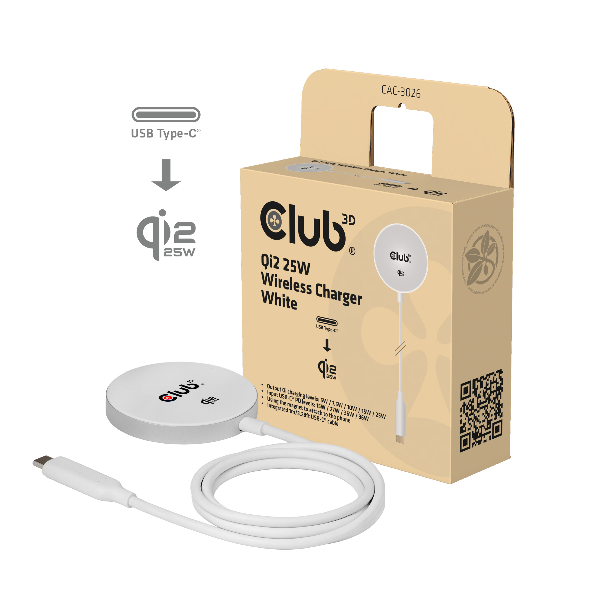 CLUB3D CAC-3026 Qi2 25W draadloze oplader wit Qi 2.2 MagSafe-compatibel magnetisch pad - Afbeelding 2