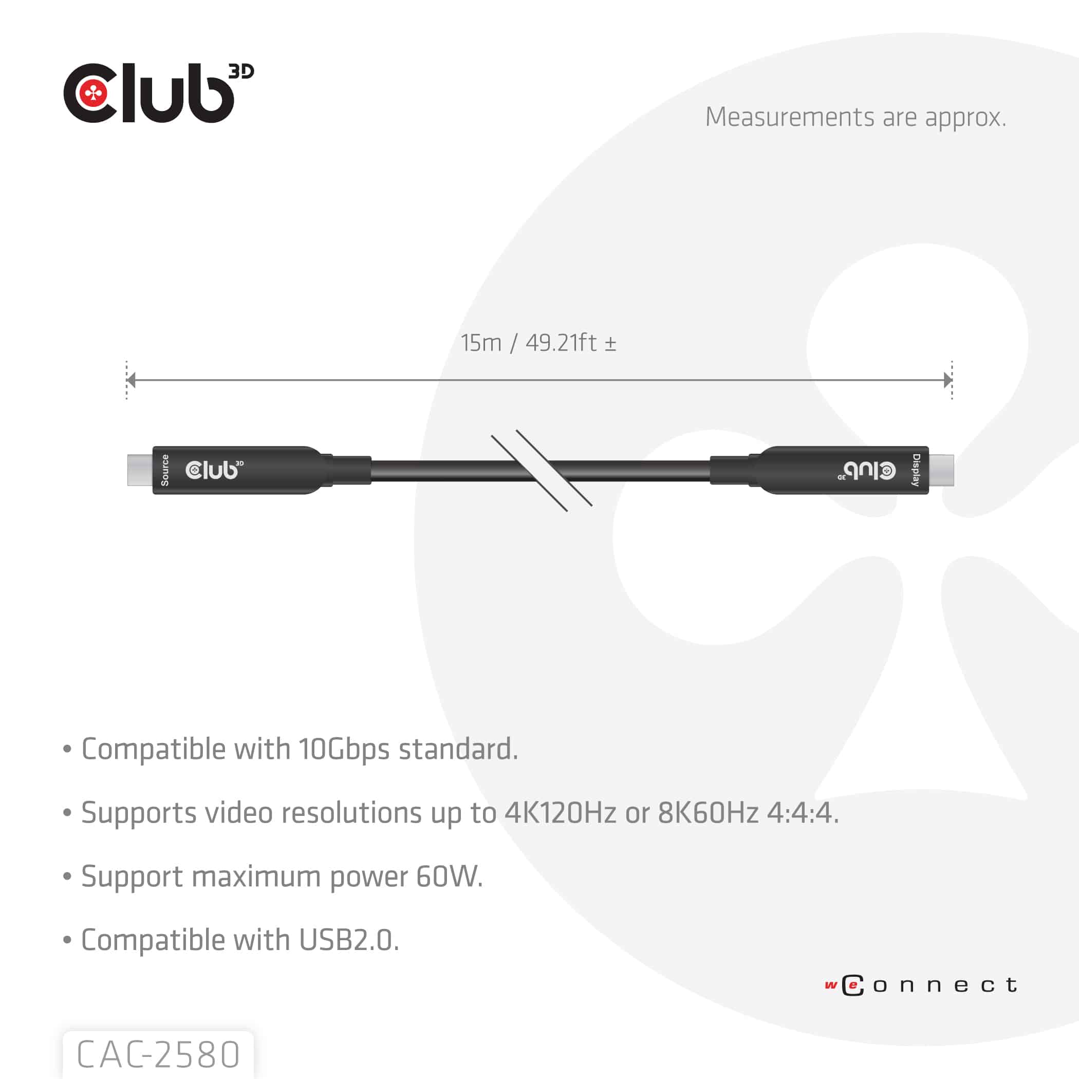 CLUB3D 15M Full-Feature USB-C Cable / 49.21ft 8K60Hz 10Gbps 60W - Afbeelding 4