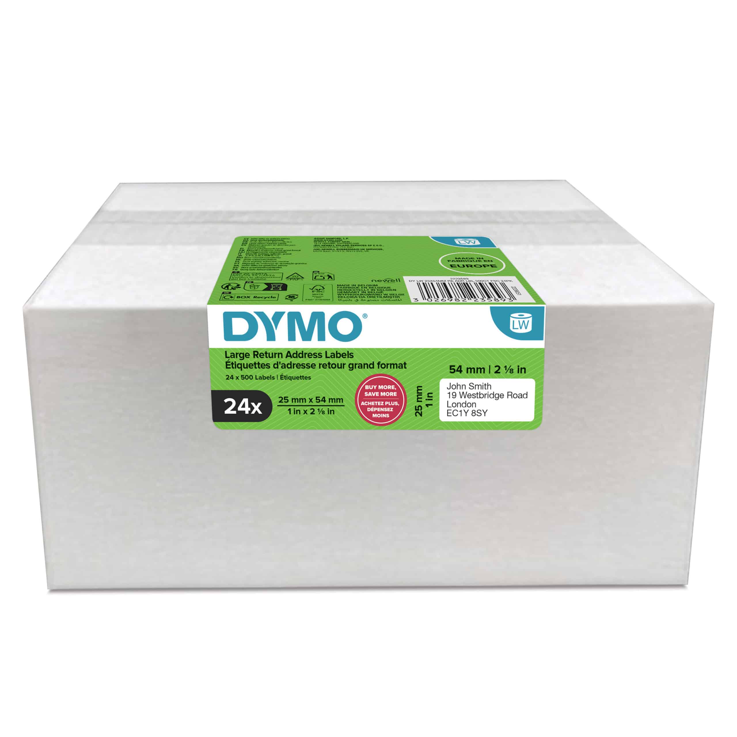 DYMO originele LabelWriter adreslabels voor retouren | 25 mm x 54 mm | 24 met elk 500 labels (12.000 zelfklevende etiketten) | Geschikt voor de LabelWriter labelprinters | Gemaakt in Europa