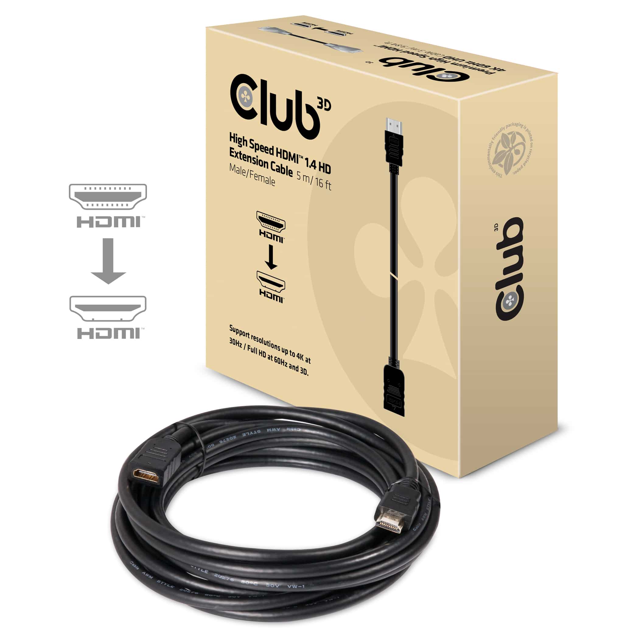 CLUB3D High Speed HDMI™ 1.4 HD Extension Kabel 5meter M/F - Afbeelding 2