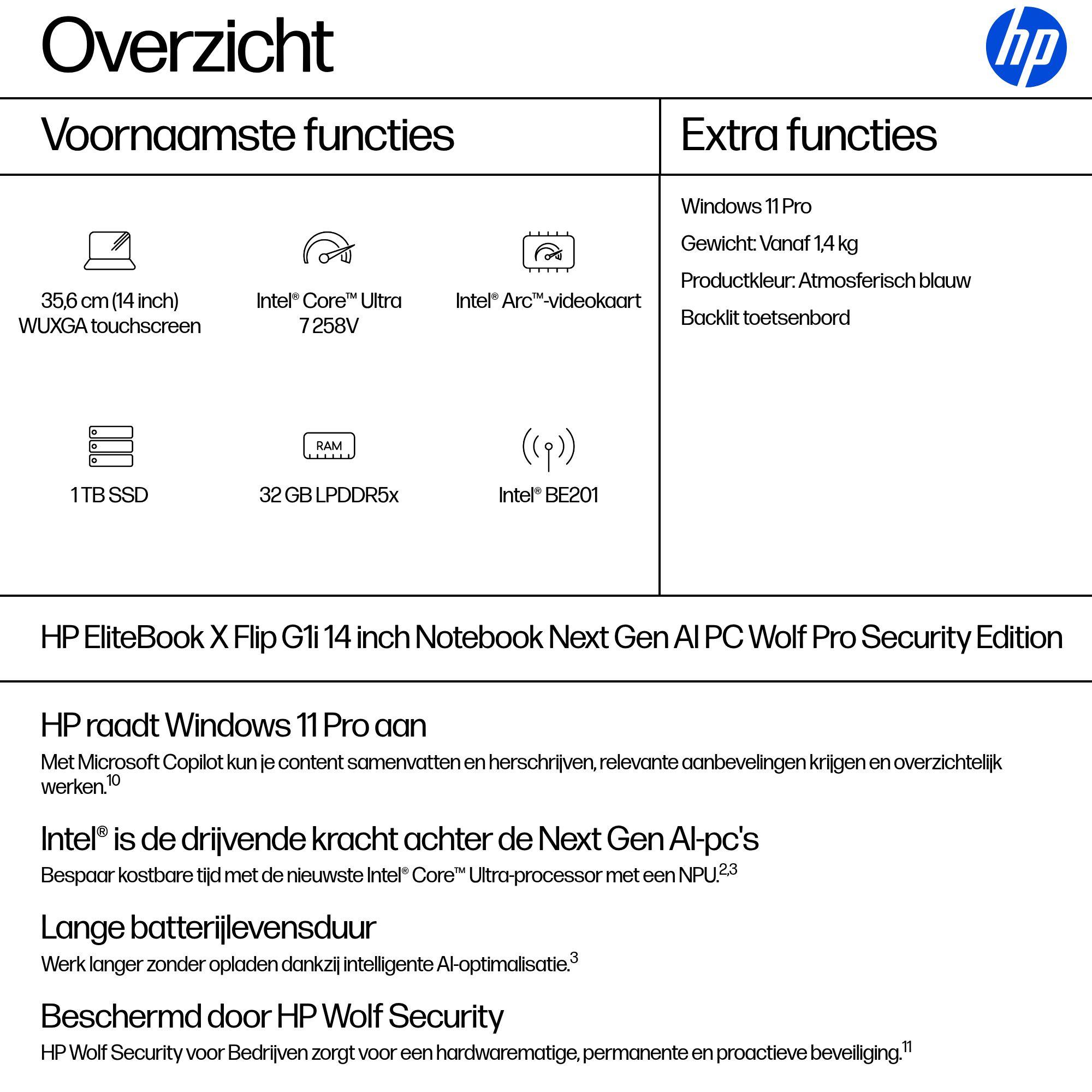 HP EliteBook X Flip G1i AI UMA Ultra 7 258V+32GB Blue X Flip G1i / 14.0 inch / 1TB PCIe NVMe Value / W11p/ 1 Yr Warranty QWERTZU - Afbeelding 4