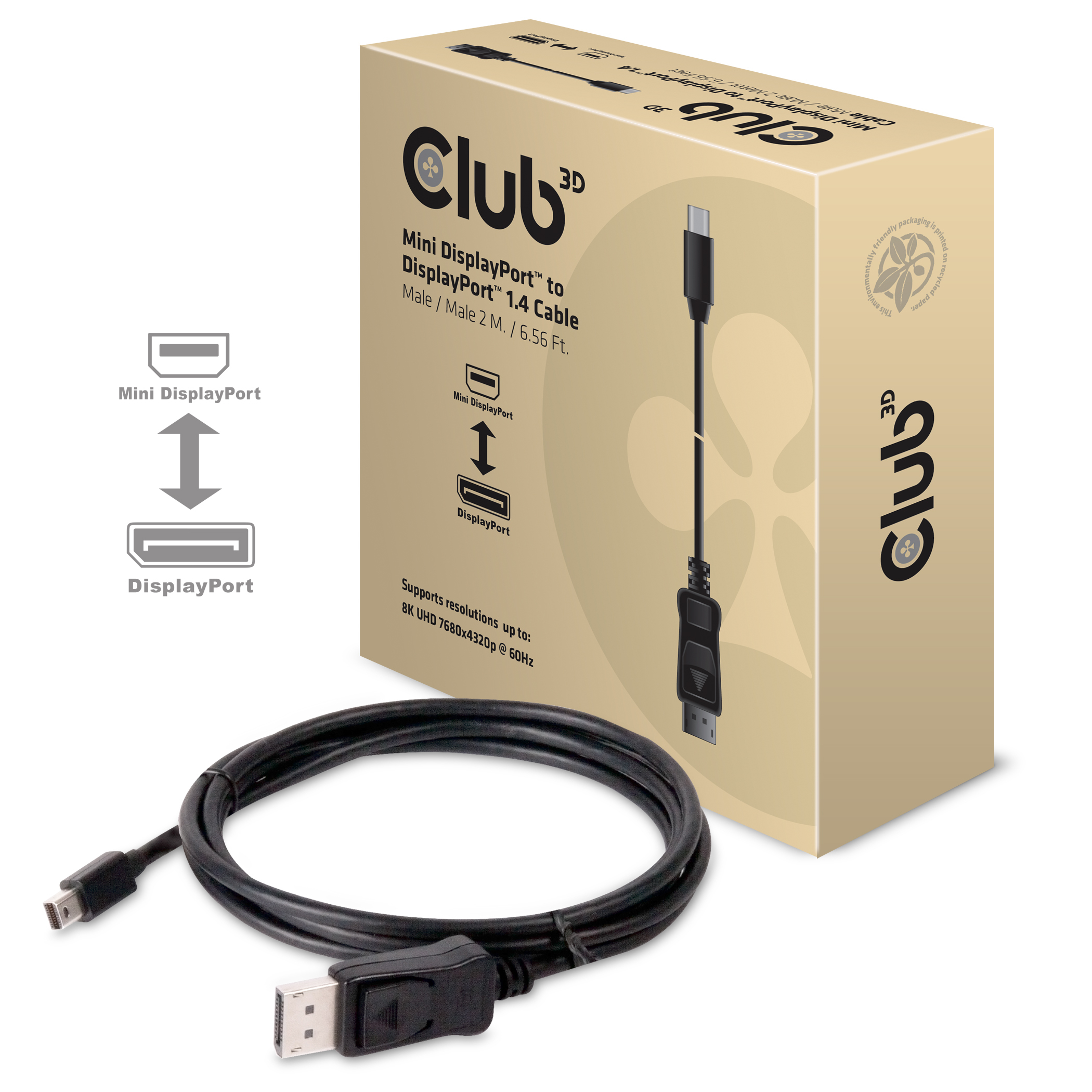 CLUB3D Mini DisplayPort naar DisplayPort 1.4 HBR3 8K60Hz Kabel, 2 Meter - Afbeelding 2